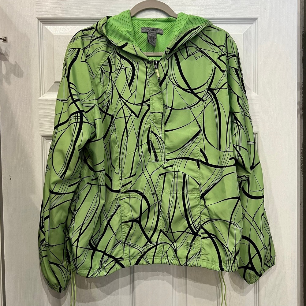Oleg Cassini Sport Windbreaker Polyester Abstract Lime Green Y2K Cyber Retro XL